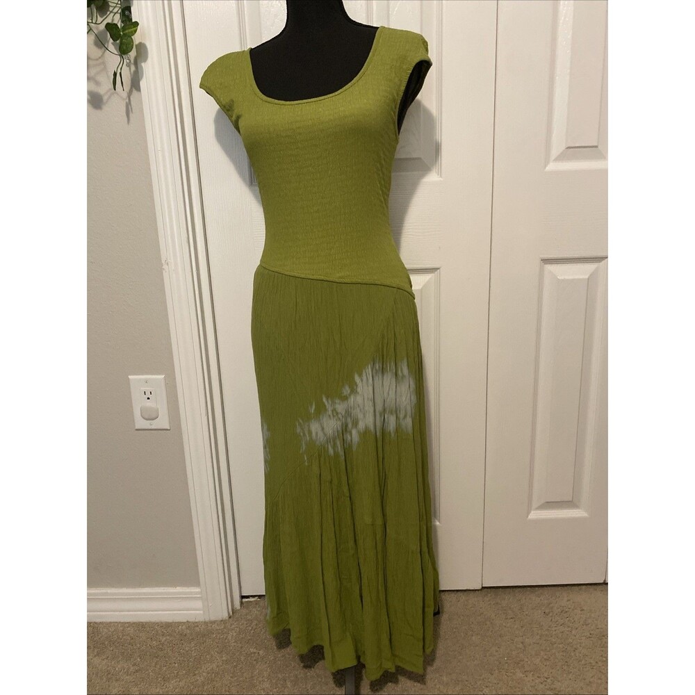 Boho/whimsi fit & flare maxi dress Green Tie-dye Asymmetric Sz M